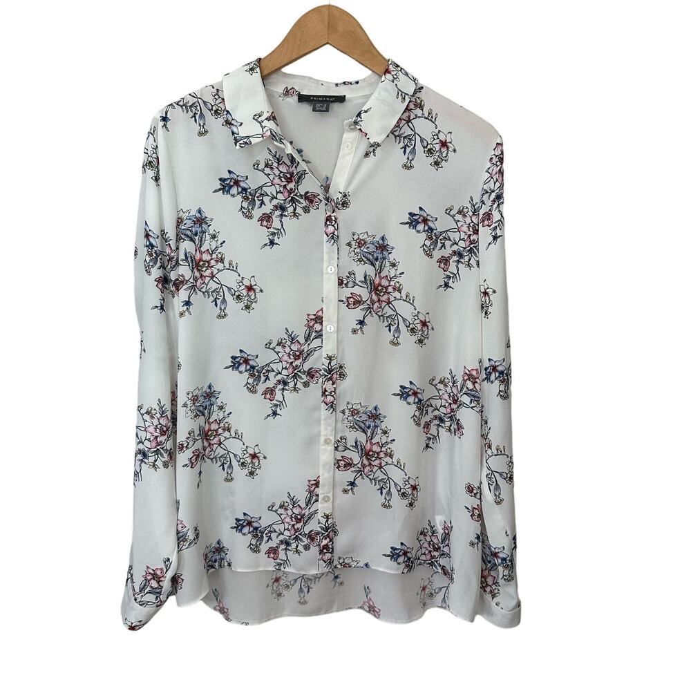Primark Floral Blouse Womens Top Size US 14 Button Up Cuff Sleeve White